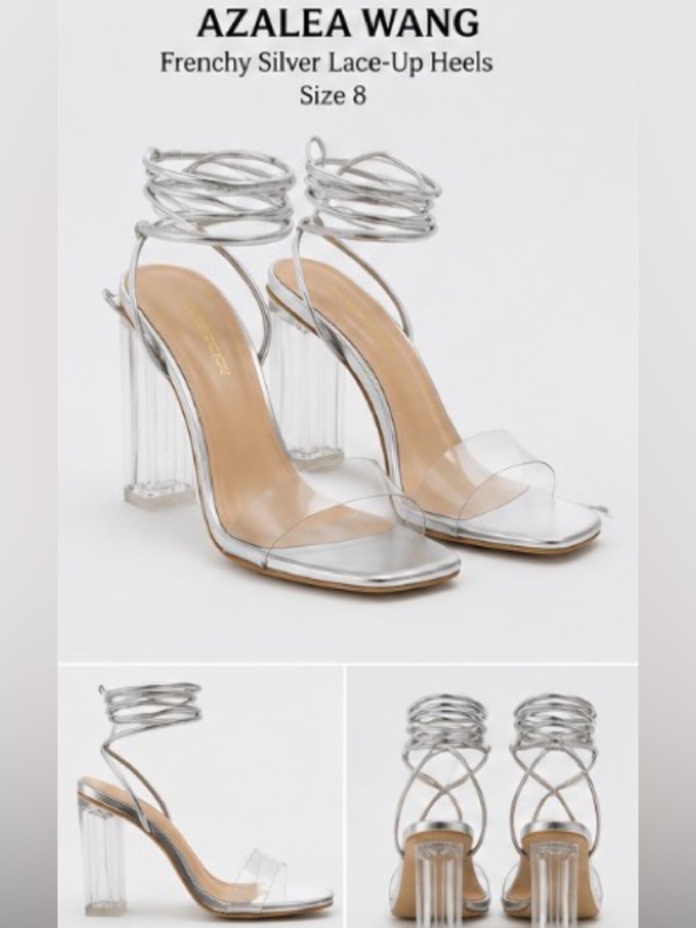Azalea Wang Akira “Frenchy” Silver Lace-Up Heels (Size 8)